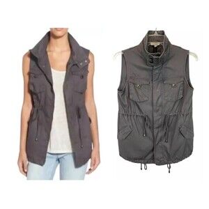 Pleione Anthropologie Gray Cinched Waist Military Style Cargo Vest Size S NWOT